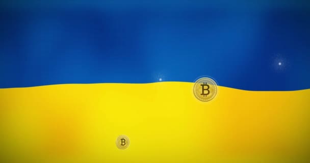 Animation Von Bitcoin Symbolen Über Der Flagge Der Ukraine Ukraine — Stockvideo