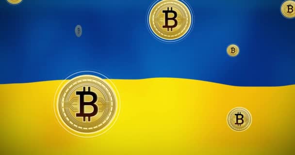 Animation Symboles Bitcoin Sur Drapeau Ukraine Ukraine Crise Politique Internationale — Video