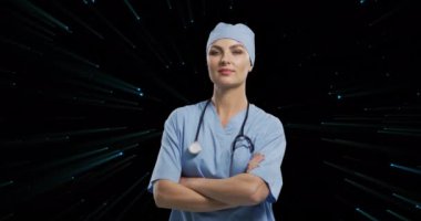 Siyah arka planda ışık lekeleri üzerine beyaz kadın doktor animasyonu. Kamu hizmeti günü ve dijital olarak oluşturulan video konsepti.