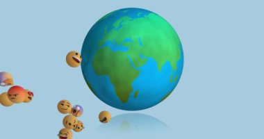 Mavi arka planda dünya üzerinde emoji simgelerinin canlandırılması. küresel sosyal medya ve dijital arayüz konsepti dijital olarak oluşturulmuş video.