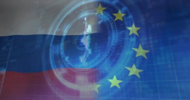 Rusya ve eu bayrakları üzerinde kapsam taraması ve dolar sembolü animasyonu. Ukrayna krizi ve uluslararası politika kavramı dijital olarak oluşturuldu.