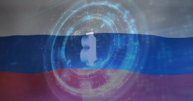 Rusya bayrağı üzerinde mikroskop ve bitcoin sembollerinin animasyonu. Ukrayna krizi ve uluslararası politika kavramı dijital olarak oluşturuldu.