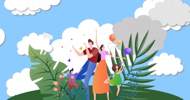 Animation People Plants Sky Clouds National Clean Air Day Celebration — Stock Video