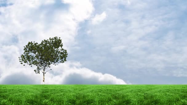 Animacja Drzewa Nad Niebem Chmurami Narodowy Dzień Czystego Powietrza Koncepcja — Wideo stockowe