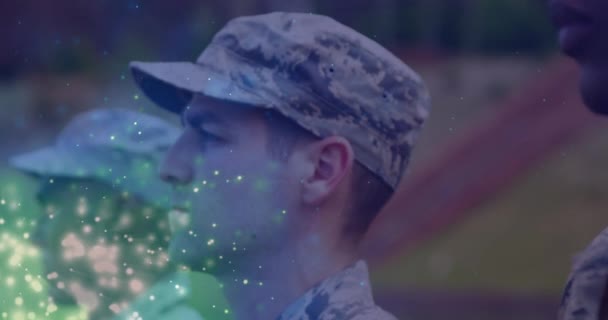 Animation Light Spots Diverse Male Soldiers Public Service Day Celebration — Stockvideo