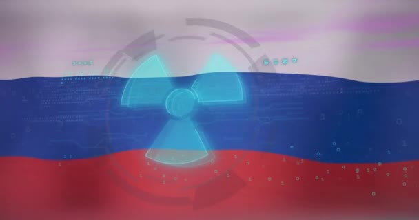 Animáció Adatfeldolgozás Nukleáris Szimbólum Felett Zászló Oroszország Ukrajnai Válság Nemzetközi — Stock videók