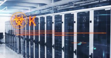 Sunucu odasında acil durum mesajı ve sembolü animasyonu. Ukrayna krizi ve uluslararası politika kavramı dijital olarak oluşturuldu.