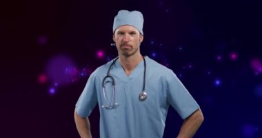 Beyaz erkek doktorun siyah arka plandaki ışık lekeleri üzerindeki animasyonu. Kamu hizmeti günü ve dijital olarak oluşturulan video konsepti.
