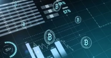 Bitcoin sembolleri üzerinde veri işleme animasyonu. Ukrayna krizi ve uluslararası politika kavramı dijital olarak oluşturuldu.