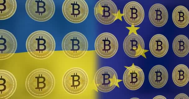 Animation Bitcoin Symbol Över Flagga Ukrainska Och Ukrainska Krisen Och — Stockvideo