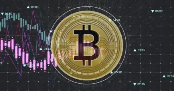 Siyah Arkaplan Üzerinde Veri Işleme Bitcoin Sembolü Animasyonu Ukrayna Krizi — Stok video