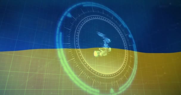 Animatie Van Scope Scanning Nft Symbool Boven Vlag Van Ukraine — Stockvideo