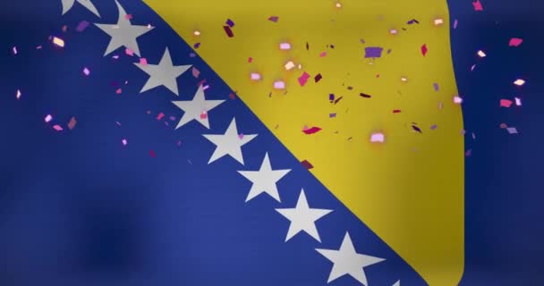 Animacja Konfetti Nad Flagą Bośni Hercegowiny Flagi Symbole Narodowe Koncepcja — Wideo stockowe