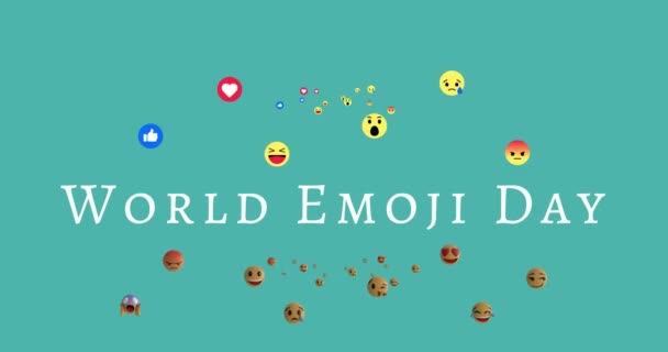 Dünya Emoji Günü Animasyonları Yeşil Arkaplandaki Emoji Simgeleri Üzerinden Yazılıyor — Stok video