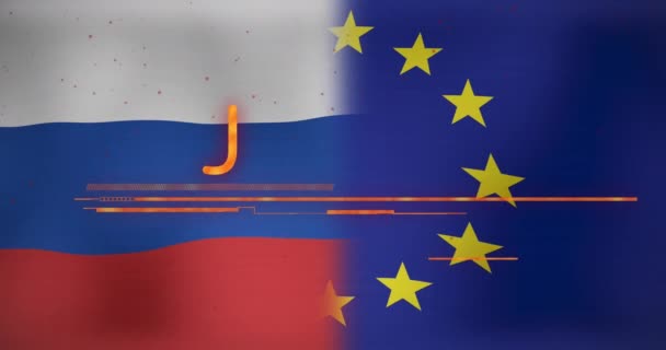 ロシアとEuの旗の上に危険テキストとシンボルのアニメーション ウクライナ危機と国際政治の概念デジタルで生成されたビデオ — ストック動画