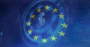 Dürbün taraması animasyonu ve bayrak üzerinde 5G sembolü. Ukrayna krizi ve uluslararası politika kavramı dijital olarak oluşturuldu.