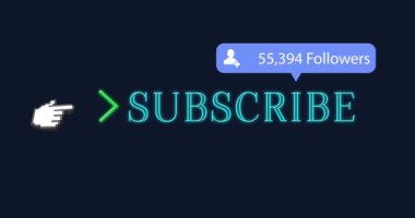 Siyah arkaplanda abone metnin ve takipçi numarasının animasyonu. küresel sosyal medya ve dijital arayüz konsepti dijital olarak oluşturulmuş video.