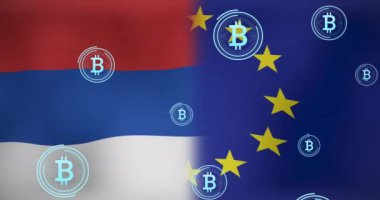 Bayrak ve eu üzerinde bitcoin sembolünün animasyonu. Ukrayna krizi ve uluslararası politika kavramı dijital olarak oluşturuldu.