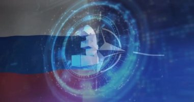 Rusya ve NATO bayrağı üzerinde mikroskop ve pound sembolü animasyonu. Ukrayna krizi ve uluslararası politika kavramı dijital olarak oluşturuldu.