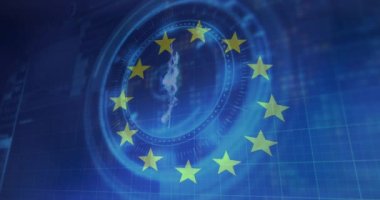 eu bayrağı üzerinde tarama ve bitcoin sembolü animasyonu. Ukrayna krizi ve uluslararası politika kavramı dijital olarak oluşturuldu.