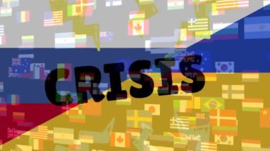 Bayrak ve Ukrayna bayrağı üzerinde ulusal bayrakların canlandırılması ve kriz metinleri. Ukrayna krizi ve uluslararası politika kavramı dijital olarak oluşturuldu.