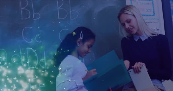 Animation Light Spots Diverse Schoolgirl Female Teacher Public Service Day — Stockvideo