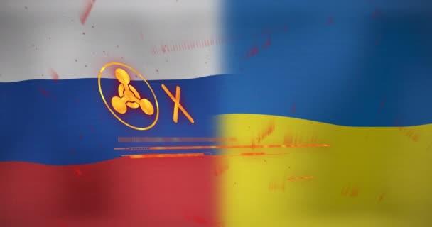 Rusya Ukrayna Bayrakları Üzerinde Kırmızı Alarm Mesajı Sembol Animasyonu Ukrayna — Stok video