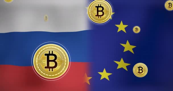 Animação Símbolo Bitcoin Sobre Bandeira Rússia Crise Ucraniana Conceito Política — Vídeo de Stock