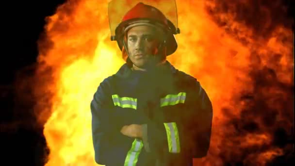 Animation Biracial Male Firefighter Fire Black Background Public Service Day — Video Stock