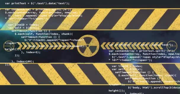 Animación Del Procesamiento Datos Símbolo Radiactivo Sobre Fondo Negro Crisis — Vídeo de stock