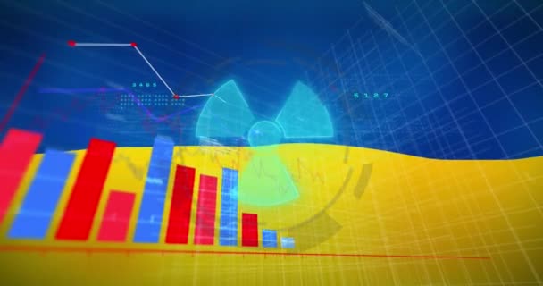 Animación Del Procesamiento Datos Símbolo Nuclear Sobre Bandera Ucrania Crisis — Vídeos de Stock