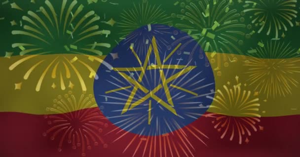 Animáció Tűzijáték Felett Zászló Etiópia Zászlók Nemzeti Szimbólumok Hazafiság Fogalma — Stock videók