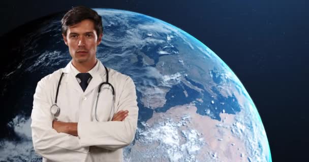 Animation Kaukasiska Manliga Läkare Över Hela Världen Svart Bakgrund Public — Stockvideo