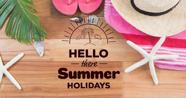 Hola Hay Texto Vacaciones Verano Con Sombrero Estrella Mar Toalla —  Fotos de Stock