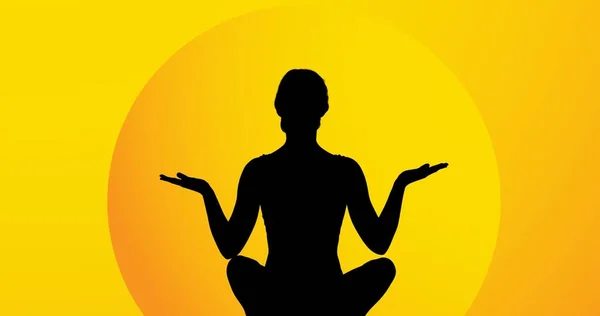 Compuesto Mujer Silueta Meditando Sobre Fondo Amarillo Espacio Copia Illust —  Fotos de Stock