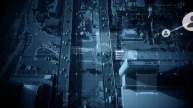 Şehir manzarası üzerindeki bağlantı ve tarama ağının animasyonu. küresel bağlantılar ve dijital arayüz konsepti dijital olarak oluşturulmuş video.