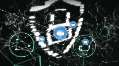 Siyah arkaplan üzerinde bağlantı ağı ve asma kilit simgesi animasyonu. küresel bağlantılar ve dijital arayüz konsepti dijital olarak oluşturulmuş video.