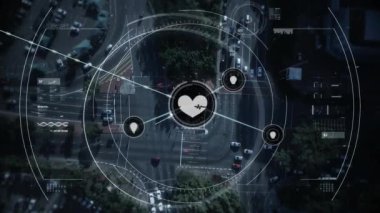 Şehir manzarası üzerindeki bağlantı ve tarama ağının animasyonu. küresel bağlantılar ve dijital arayüz konsepti dijital olarak oluşturulmuş video.