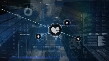 Veri işleme ve şehir manzarası üzerinden bağlantı ağının animasyonu. küresel bağlantılar, hesaplama ve veri işleme kavramı dijital olarak oluşturulmuş video.