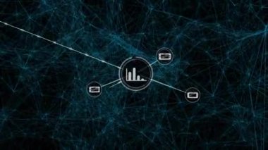 Siyah arkaplandaki simgelerle bağlantı ağının animasyonu. küresel bağlantılar ve dijital arayüz konsepti dijital olarak oluşturulmuş video.