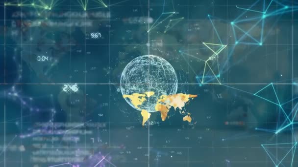 Animation Von Mediensymbolen Und Weltkarte Auf Blauem Hintergrund Globales Geschäft — Stockvideo
