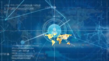 Mavi arka planda medya simgeleri ve dünya haritalarının canlandırılması. küresel iş, bağlantılar ve dijital arayüz konsepti dijital olarak oluşturulmuş video.