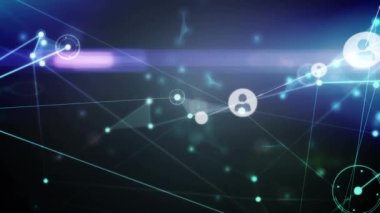 Siyah arkaplandaki simgelerle bağlantı ağının animasyonu. küresel bağlantılar ve dijital arayüz konsepti dijital olarak oluşturulmuş video.