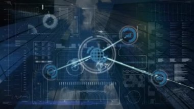 Veri işleme ve şehir manzarası üzerinden bağlantı ağının animasyonu. küresel bağlantılar, hesaplama ve veri işleme kavramı dijital olarak oluşturulmuş video.