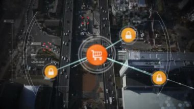 Şehir manzarası üzerindeki bağlantı ve tarama ağının animasyonu. küresel bağlantılar ve dijital arayüz konsepti dijital olarak oluşturulmuş video.