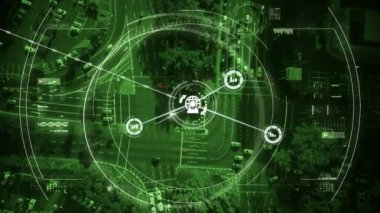 Şehir manzarası üzerindeki bağlantı ve tarama ağının animasyonu. küresel bağlantılar ve dijital arayüz konsepti dijital olarak oluşturulmuş video.