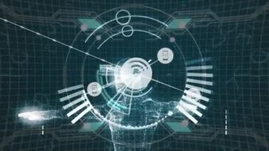 Kapsam taraması ve kara arkaplanda veri işleme üzerinden bağlantı ağının animasyonu. küresel bağlantılar, hesaplama ve veri işleme kavramı dijital olarak oluşturulmuş video.