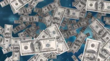 Mavi arka planda düşen banknotların animasyonu. küresel iş, bağlantılar ve dijital arayüz konsepti dijital olarak oluşturulmuş video.