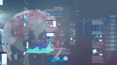 Mavi arkaplanda veri işleme animasyonu. küresel iş, finans, bağlantılar ve dijital arayüz konsepti dijital olarak oluşturulmuş video.