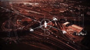 Şehir manzarası üzerindeki bağlantı ve tarama ağının animasyonu. küresel bağlantılar ve dijital arayüz konsepti dijital olarak oluşturulmuş video.